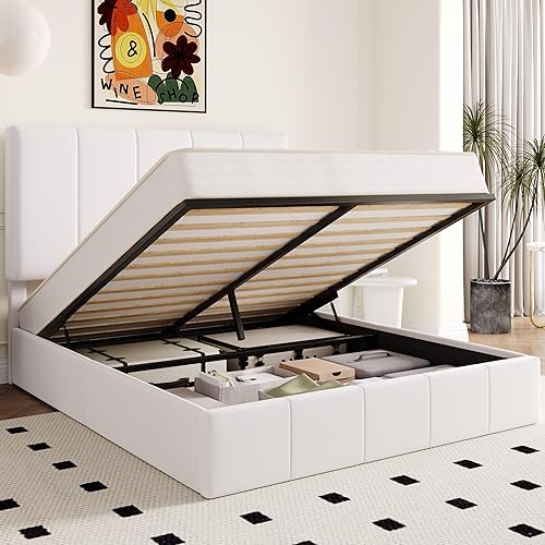 Allewie Queen Size Velvet Lift Up Storage Bed Frame, Vertical Channel Tufted Headboard, Hydrualic Underneath Storage, Upholstered Platform Bed, Wooden Slats Support, No Box Spring Needed, White