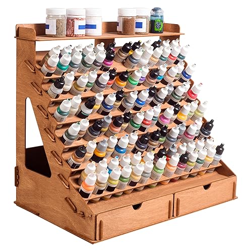Plydolex Plywood Storage Rack - 105 Bottle Holes for 17 ml Vallejo Paints, 14 Paintbrush Slots, 6 Miniature Stands, 2 Drawers, a Shelf & a Brush Tray - Works for DnD, Warhammer 40K and Other Minis - Vallejo 105 holes