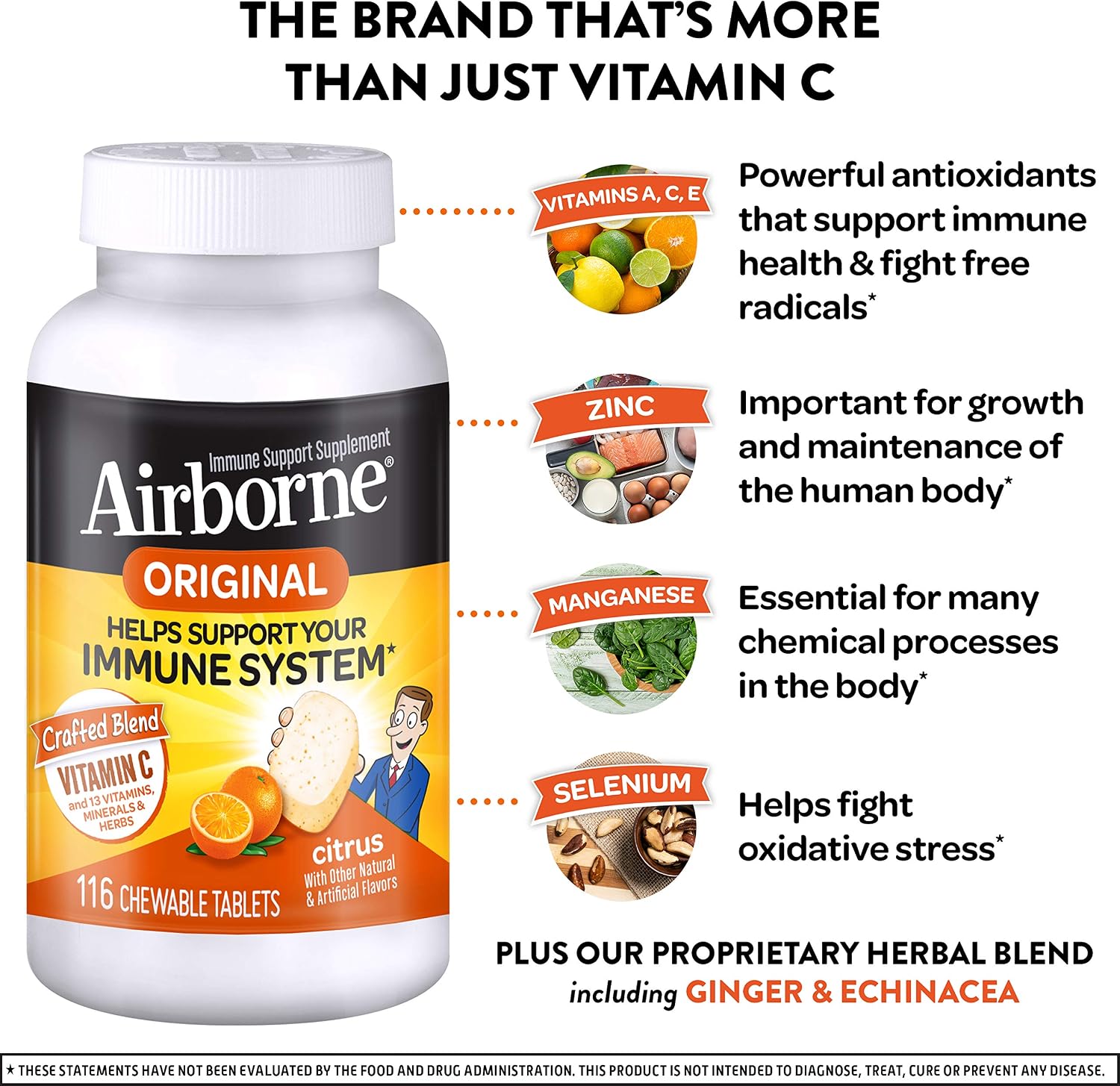 Airborne Vitamin C 1000mg (per Serving), Citrus Chewable Tablets (116ct), Gluten-Free Immune Support Supplement, with Vitamins A C E, ZINC, Selenium, Echinacea & Ginger, Antioxidants (Pack of 2)