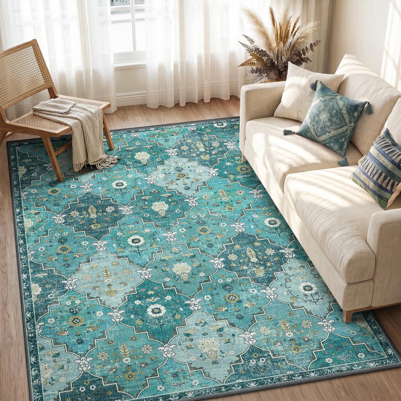 INOVADAY Rugs Living Room 140x200 cm Moroccan Washable Rug Low Pile Boho Rug with Print Pattern Anti Slip Carpet for Bedroom Dining Room Home Office Indoor Blue/Green
