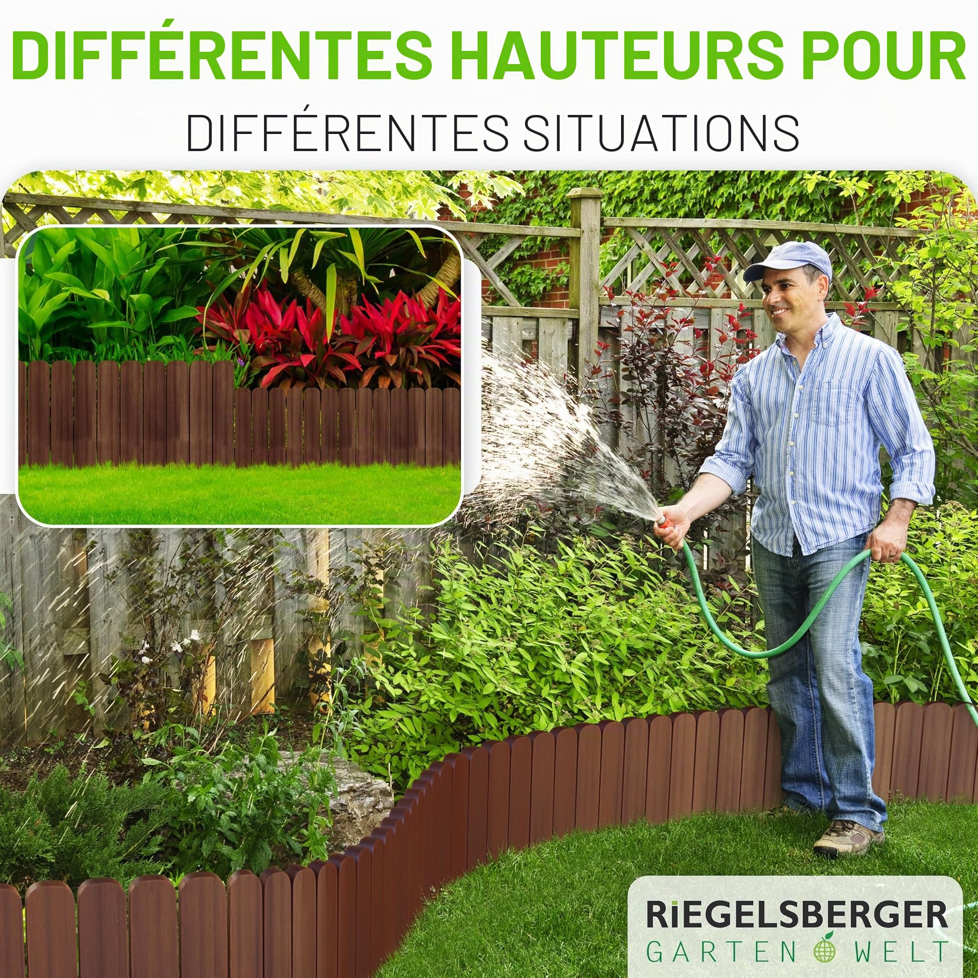 Gartenwelt Riegelsberger Planche à roulettes marron Longueur 203 cm Clôture Hauteur 40 cm Clôture en bois Bordure de pelouse Bois d'épicéa