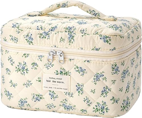 Miniatura 25 de HBselect Bolsa de Maquillaje Acolchada, Bolsa de Maquillaje Grande de Algodón para Viaje, Lindas Bolsas de Maquillaje con Flores Coquette, Bolsas