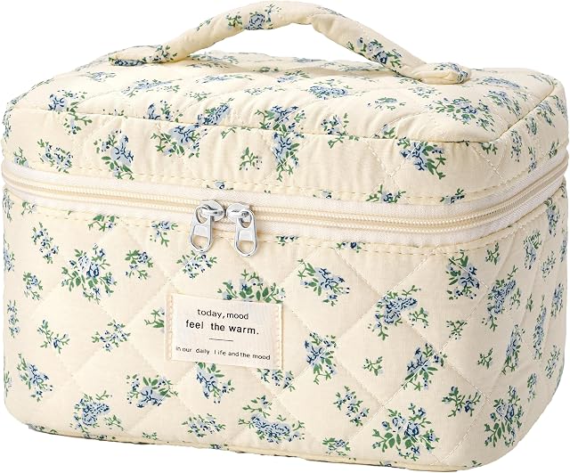HBselect Quilted Makeup Bag for Women, Floral Cotton Cosmetic Bag Large Travel Makeup Bag Coquette Aesthetic Toiletry Bag