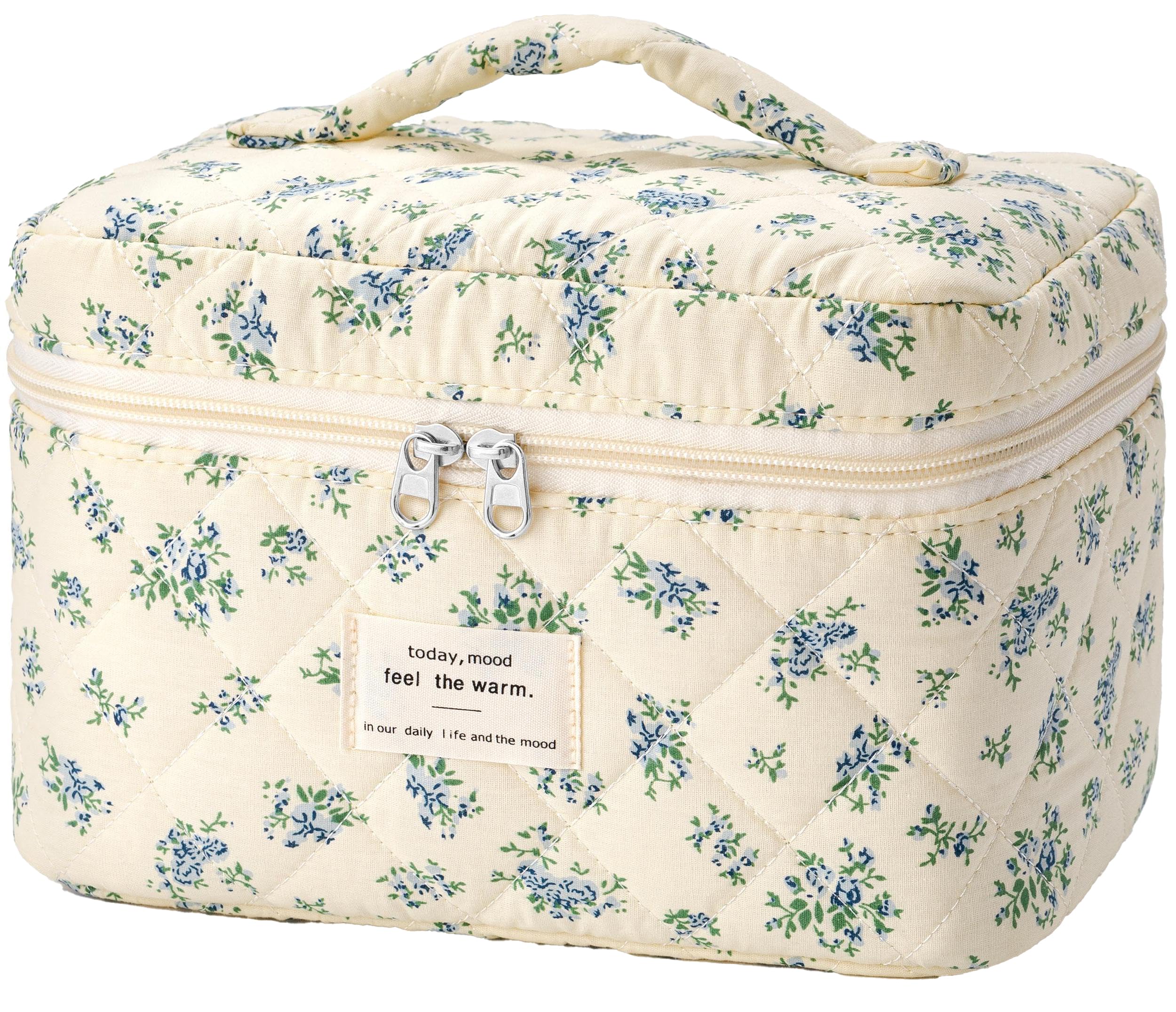 HBselect Quilted Makeup Bag for Women, Floral Cotton Cosmetic Bag Large Travel Makeup Bag Coquette Aesthetic Toiletry Bag
