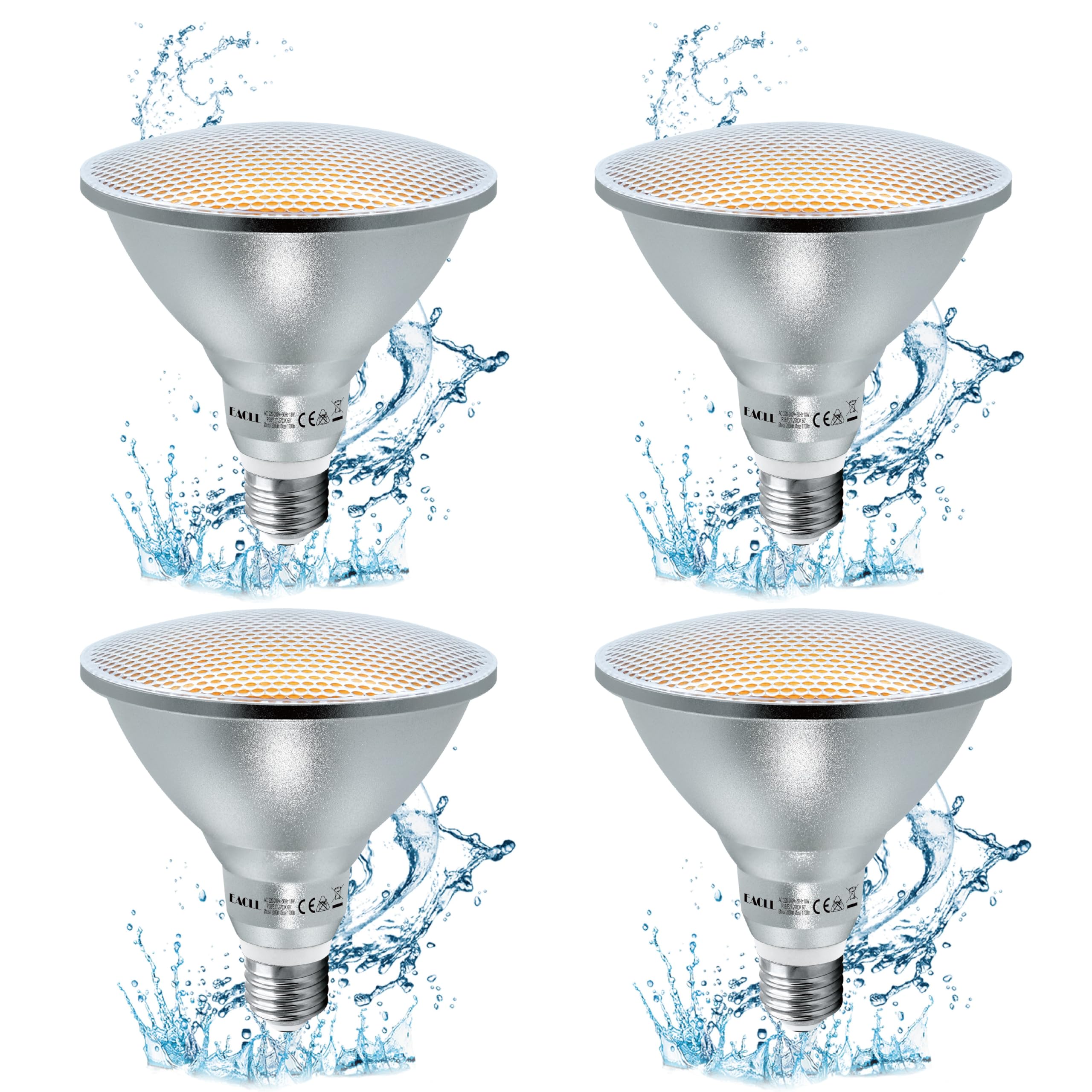 EACLL E27 PAR38 LED Bulbs Warm 18 W Halogen Equivalent 120 W, Pack of 4, 1700 lm 2700 K AC 230 V Flicker-Free Economical IP65 Protection Index 60° Reflector Non-Dimmable Diameter 122 x H 130 mm