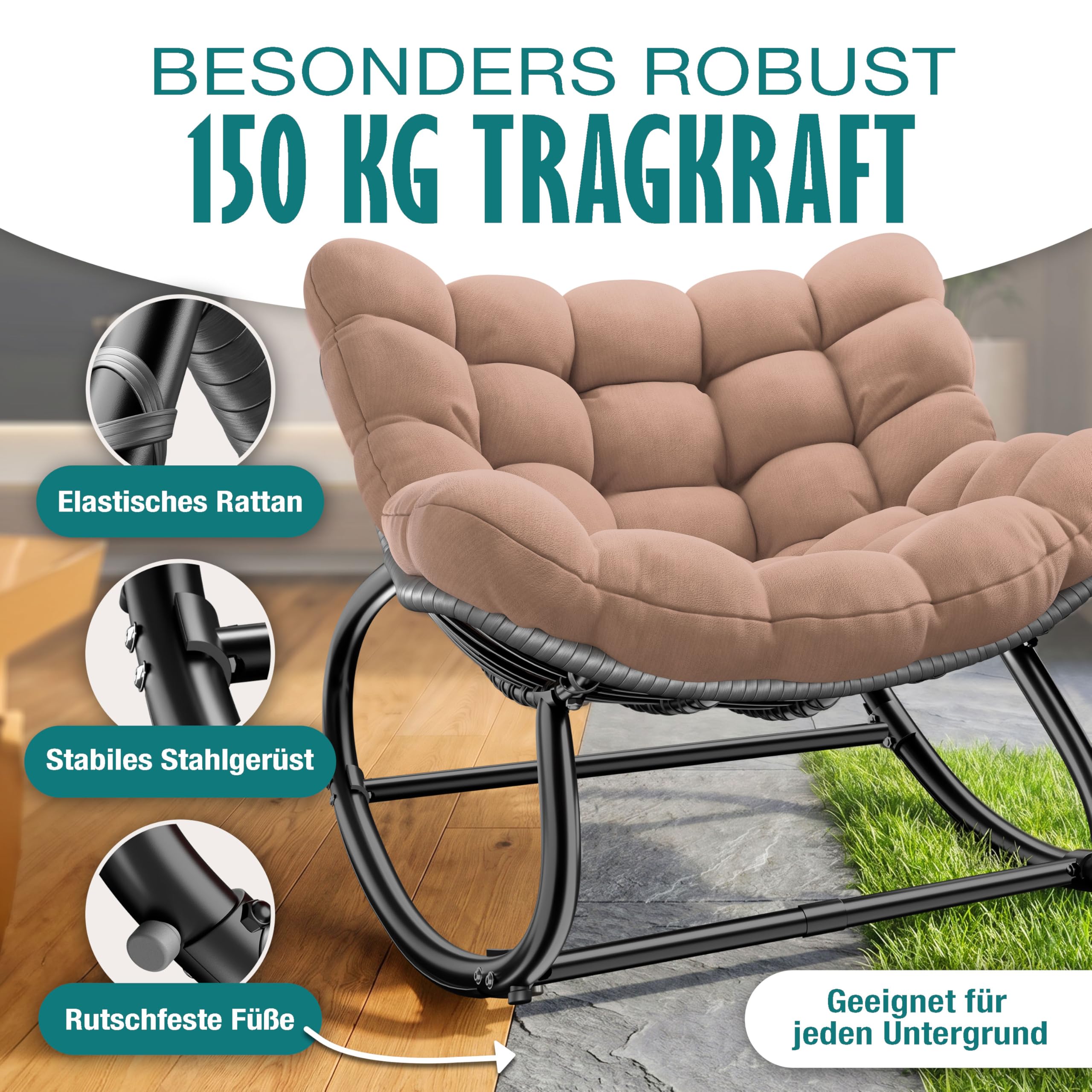 KESSER Sedia a dondolo per interni ed esterni, ergonomica, carico massimo di 120 kg, con piedini antiscivolo, resistente alle intemperie (tortora, XXL Chillexer Pro)