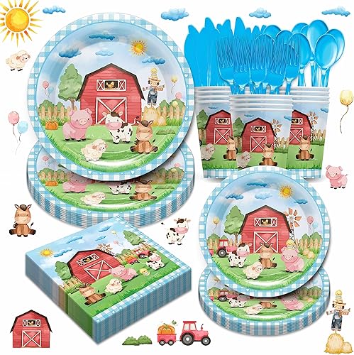 Juego de vajilla de suministros para fiesta de animales de granja, decoraciones de baby shower de cumpleaños de granja, incluye platos de cena,