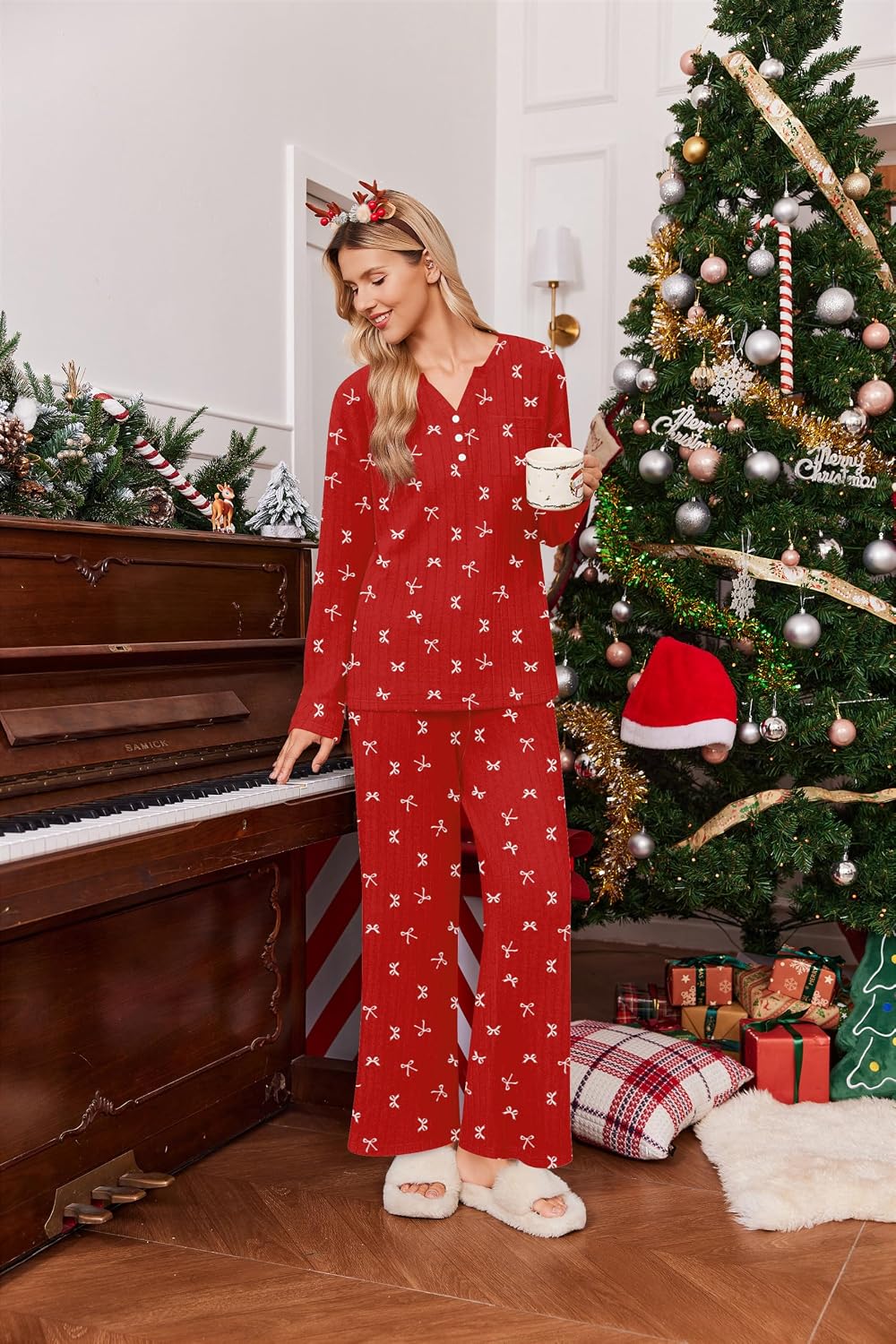 Ekouaer Women's 2 Piece Lounge Set Long Sleeve Knit Ribbed Pajama Sets image 3