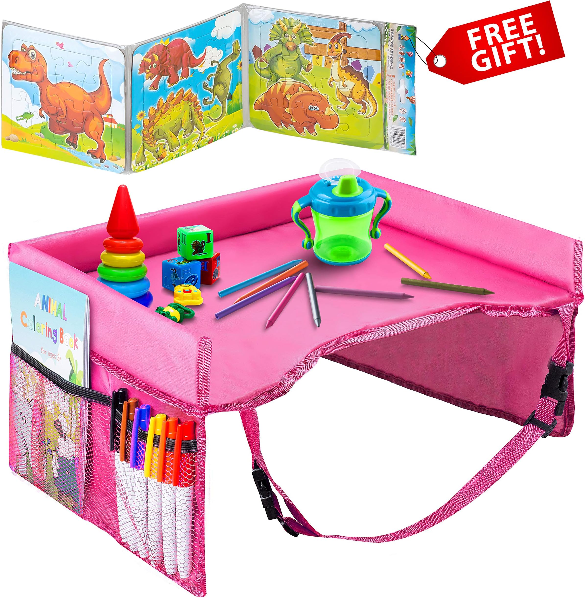 Kids Travel Tray – Waterproof, Portable Toddler Snack and Play Station with Mesh Storage Pockets – Activity Lap Desk for Car Seat, Stroller, Plane by EverythingINplace - Pink