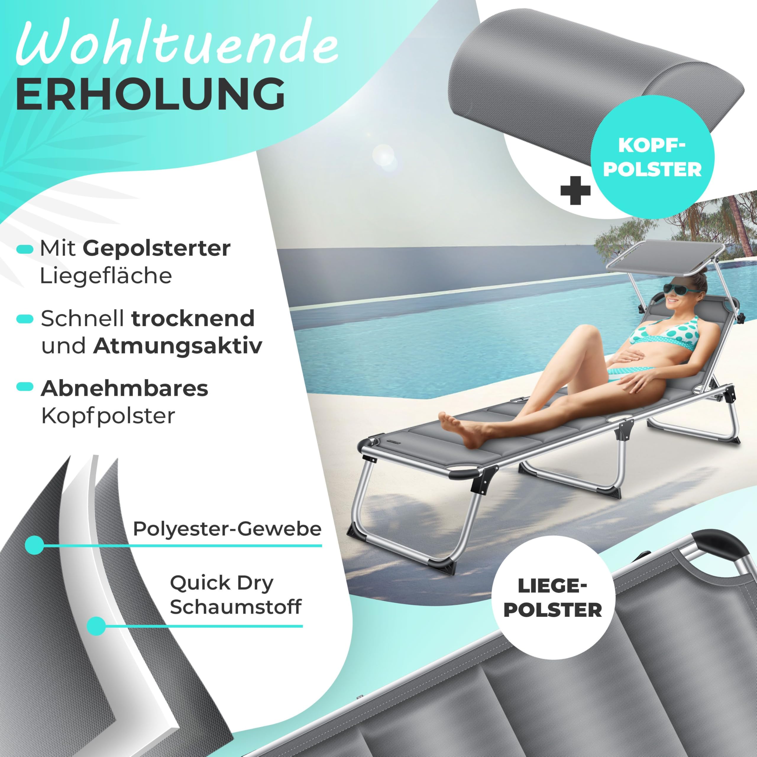 Lettino Da Sole KESSER Con Tettuccio - Pieghevole, Imbottito, Schienale Reclinabile, Alluminio Leggero, Beige, Portata 150 Kg