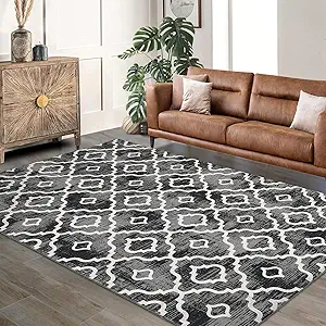 GlowSol Area Rug 5x7 Washable Rug Large Modern Trellis Rug Geometric Neutral Soft Grey Rug for Living Room Bedroom Dining Room Non Slip Stain-Resistant Carpet for Home Office Decor