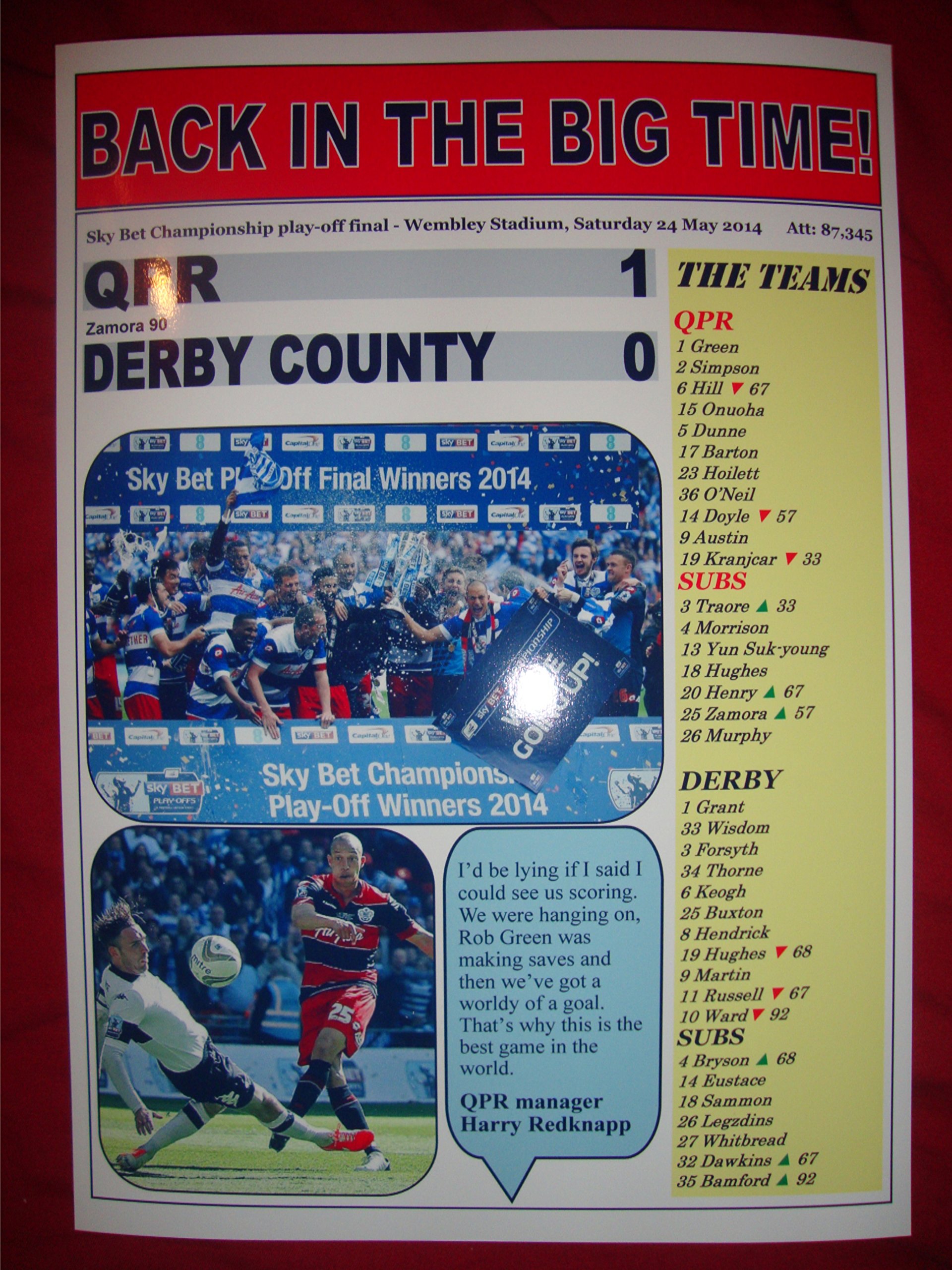 Lilywhite Multimedia Qpr 1 Derby County 0-2014 Championship Play-Off Final - Souvenir Print