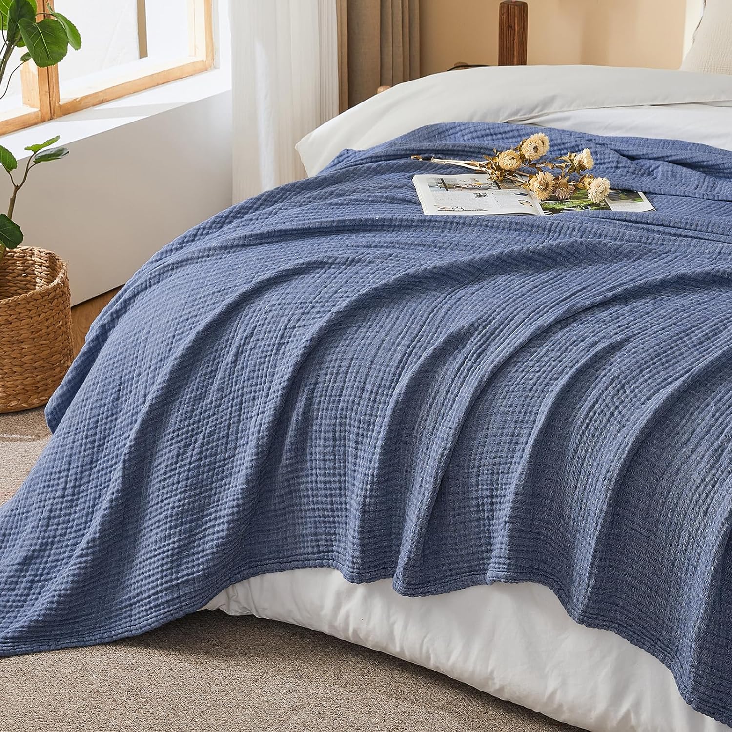 EMME Cotton Muslin King Blanket Bed Layering Bedspread Coverlet Breathable Gauze Soft Lightweight (Heather Navy, 108"x90") - Image 7