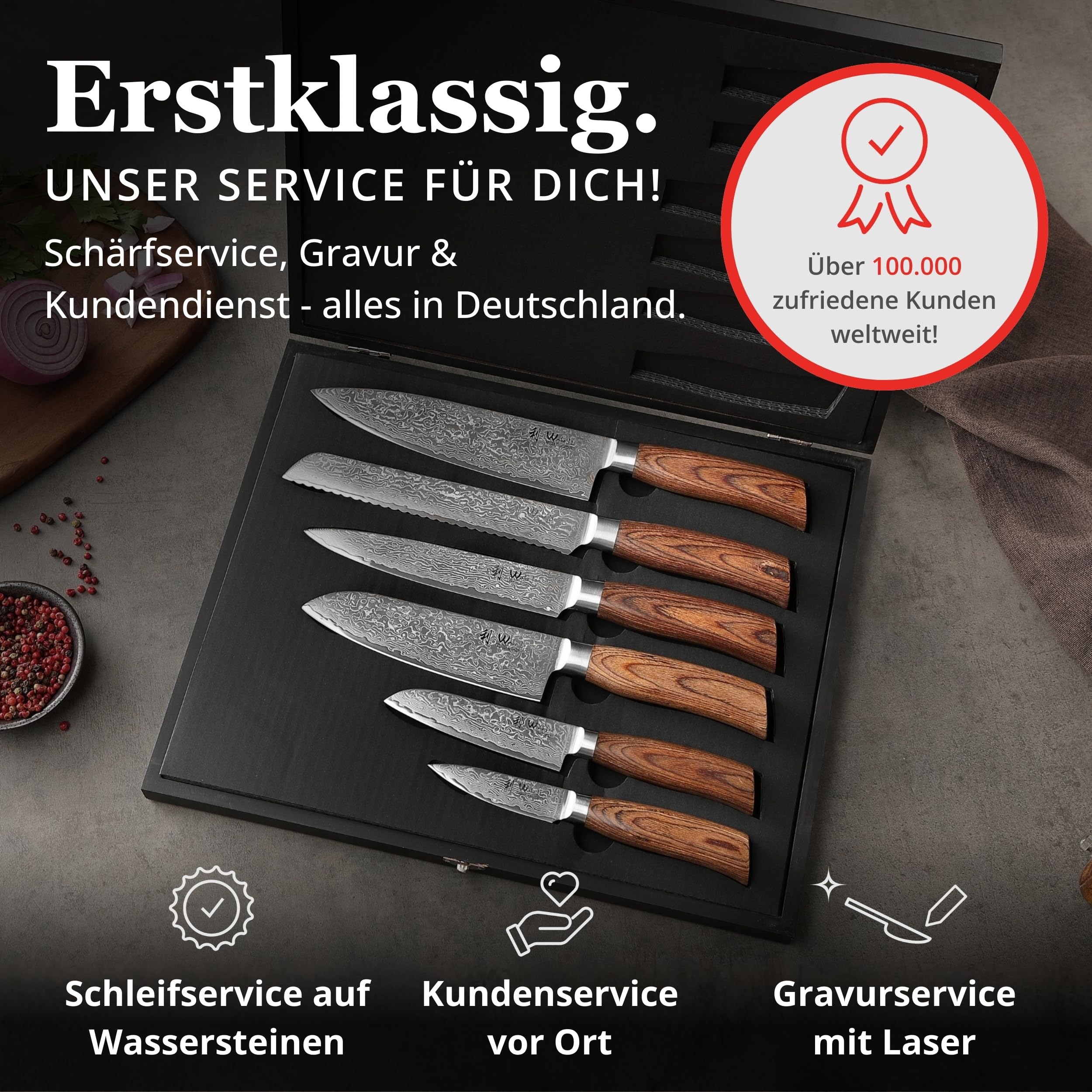 Wakoli EDIB Pro Messerblock Set mit 6 Damastmessern, 67 Lagen, VG10-Kern | Enthält Chefmesser, Brotmesser, Fleischmesser, Santoku, kleines Santoku und Officemesser sowie magnetischen Akazienholzblock