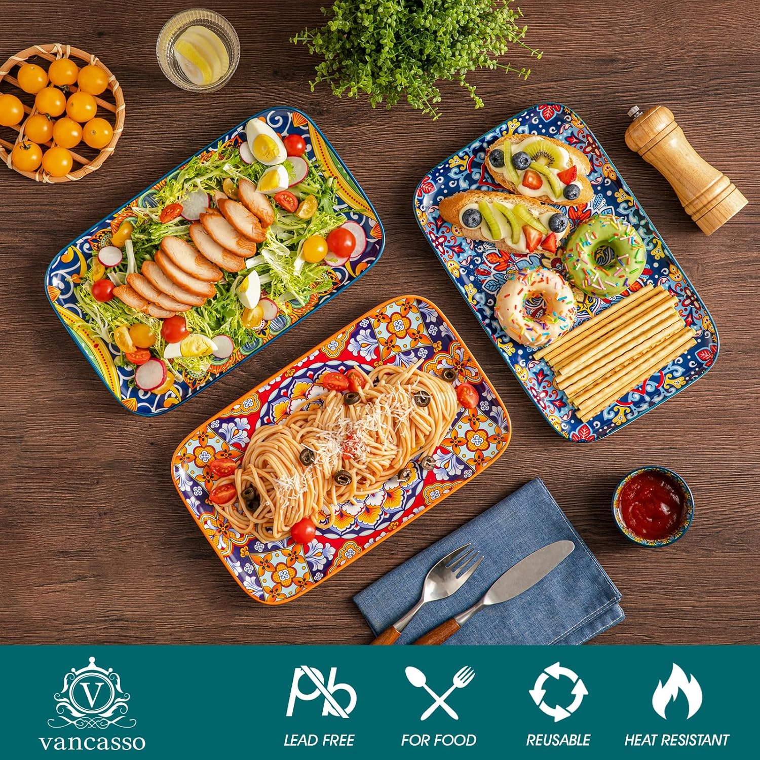 vancasso Serving Platters Set of 4, 12" x 7.4" Inch Rectangular Trays - Large Serving Dishes for Entertaining Food, Bohemian Ceramic Serving Trays for Party, Microwave & Dishwasher Safe, Vintage - Image 2