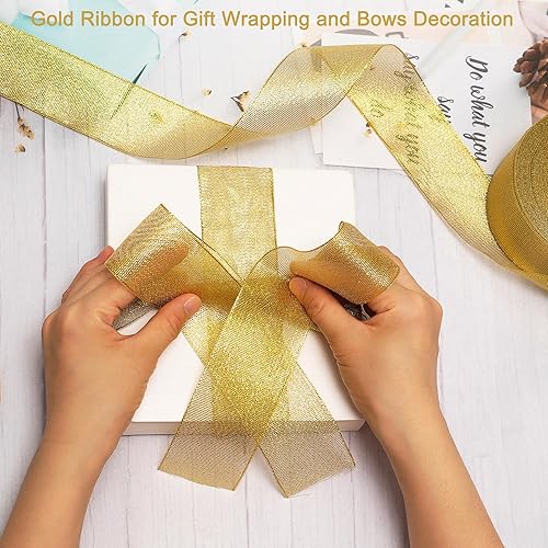 Miniatura 5 de 50 yardas de cinta de oro con purpurina de 1 12 pulgadas, cinta de tela sólida brillante de ancho sólido para envolver regalos, manualidades,