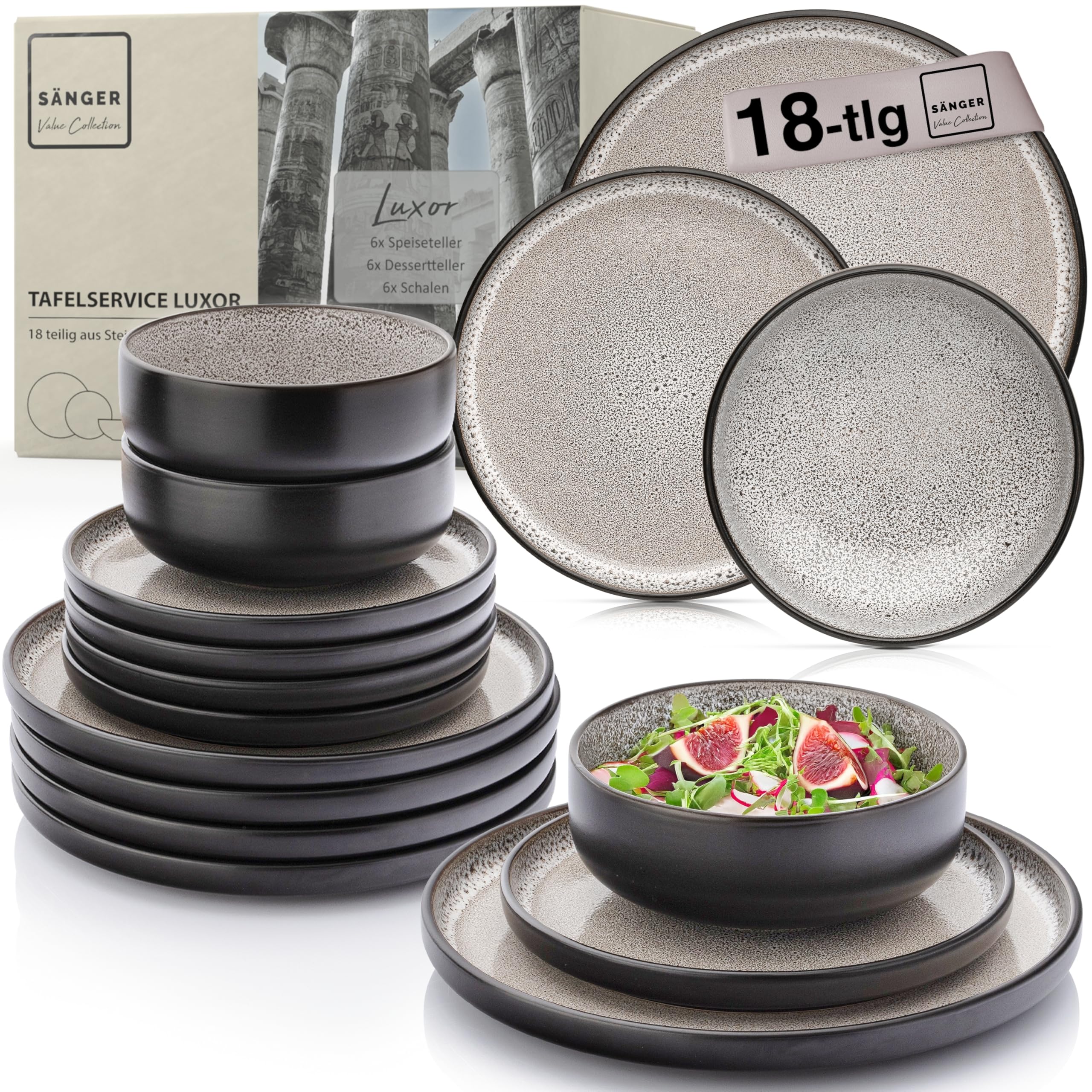 SÄNGER Luxor | Steingut Geschirr Set 18 tlg, Teller Set 6 Personen, Geschirrset 6x Speiseteller 6x Müslischalen 6x Dessertteller, Tafelservice braun beige kratzfest, Essgeschirr | VALUE COLLECTION