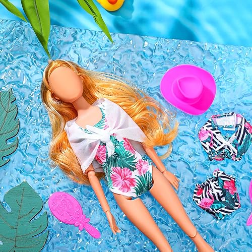 Miniatura 7 de Bencailor Ropa de muñeca de 5 piezas para trajes de baño de muñeca de 11.8 pulgadas, conjunto de ropa de natación y accesorios, sombrero de muñeca
