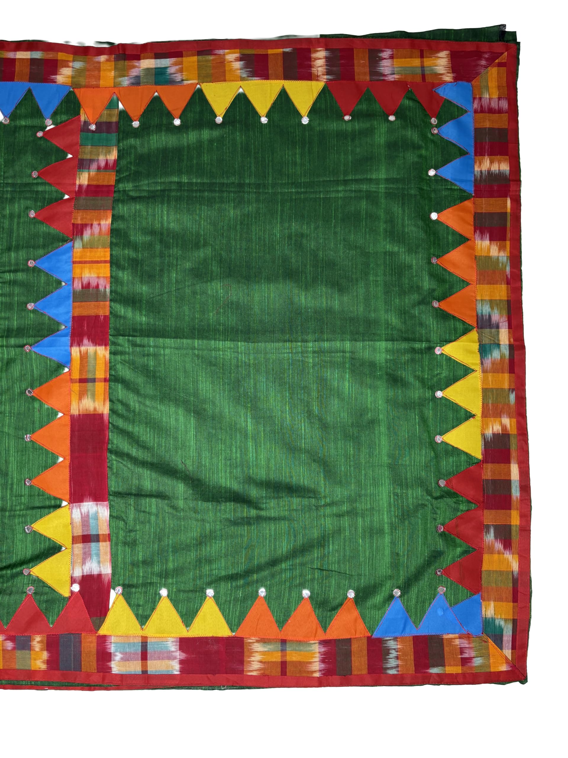 Khadi patchwork saree, Green Saree with Multicolour Triangle Patchwork Border, Ikat Design, Mirror Embellishments-picture-38