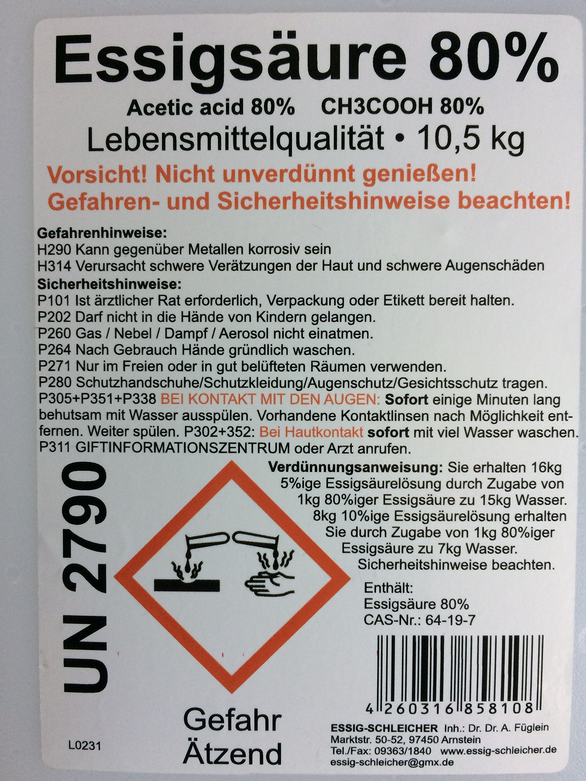 Schleicher's 10 kg Essigsäure 80% LEBENSMITTELQUALITÄT E 2 60, mit AUSLASSHAHN