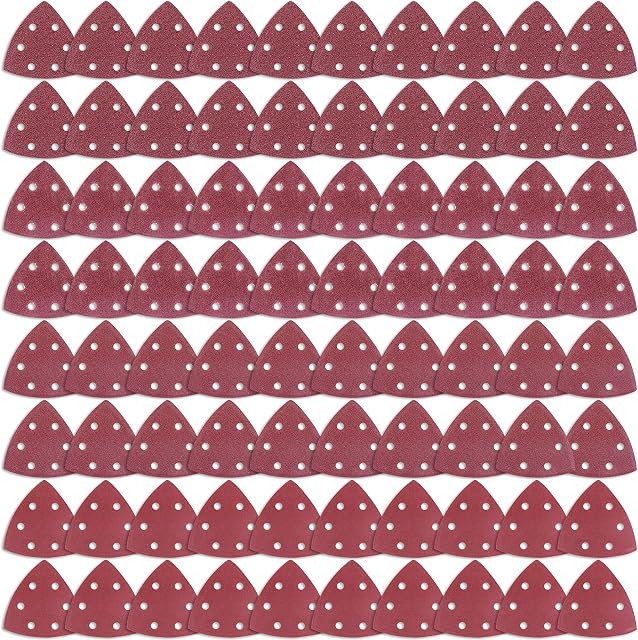 AUSTOR 80 Pieces Sandpaper Triangle Sanding Pads 6 Holes Hook and Loop Assorted 60/80/120/240 Grits Sandpaper for Sanding and Polishing
