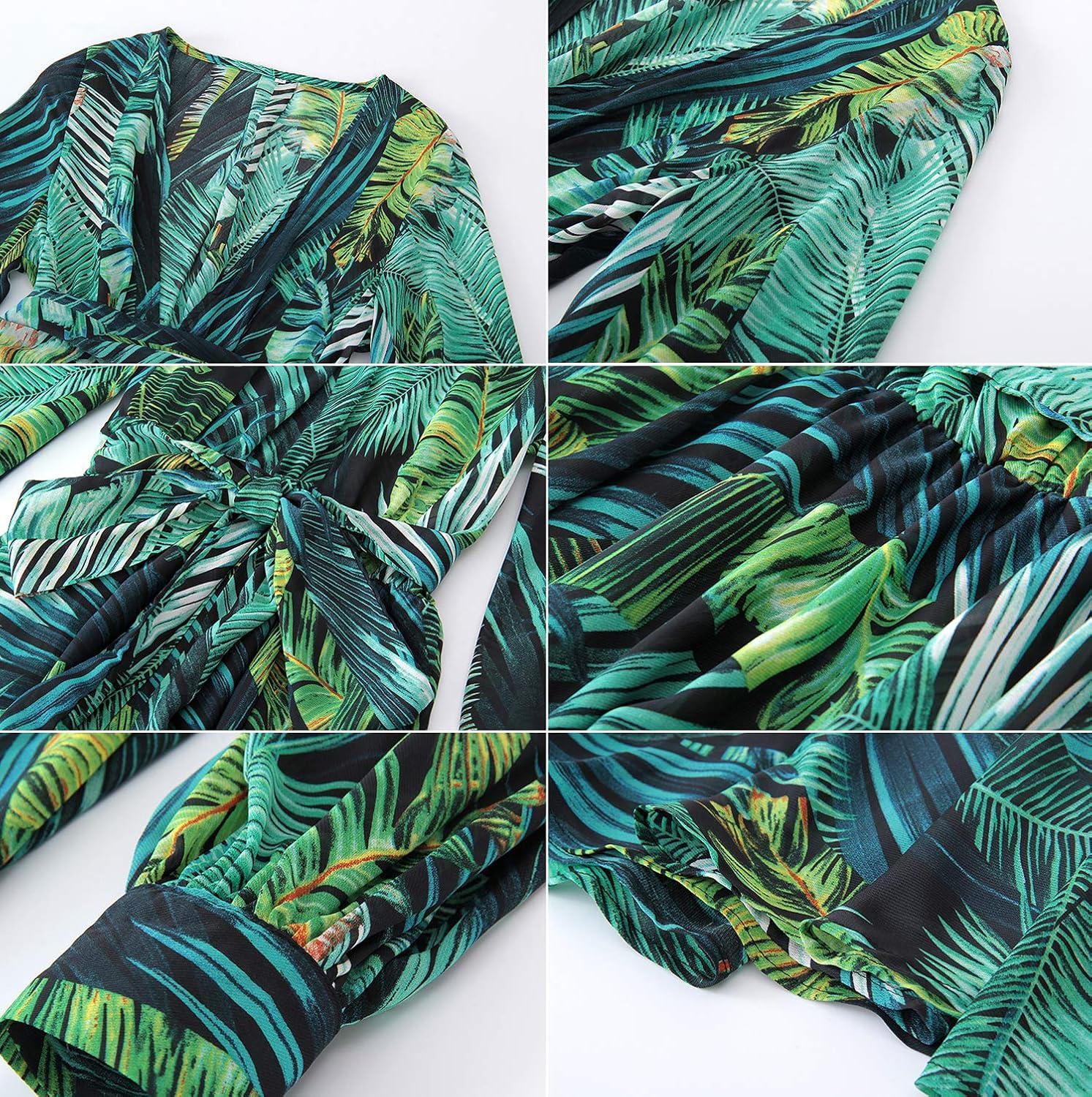 R.Vivimos Women's Chiffon Print V Neck Long Sleeve Tie Waist Casual Boho Maxi Dresses - Image 7