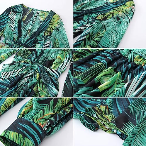 Miniatura 7 de R.Vivimos Vestido largo de gasa con cuello en V y manga larga con lazo en la cintura para mujer