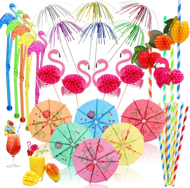 110PCS Cocktail Accessories Including Flamingo Stirrers Sticks Umbrellas Sticks Paper Straws Cocktail Party Decoration Drinks Decorations for Christmas New Year Beach Hawaiian Tropical Theme Party
