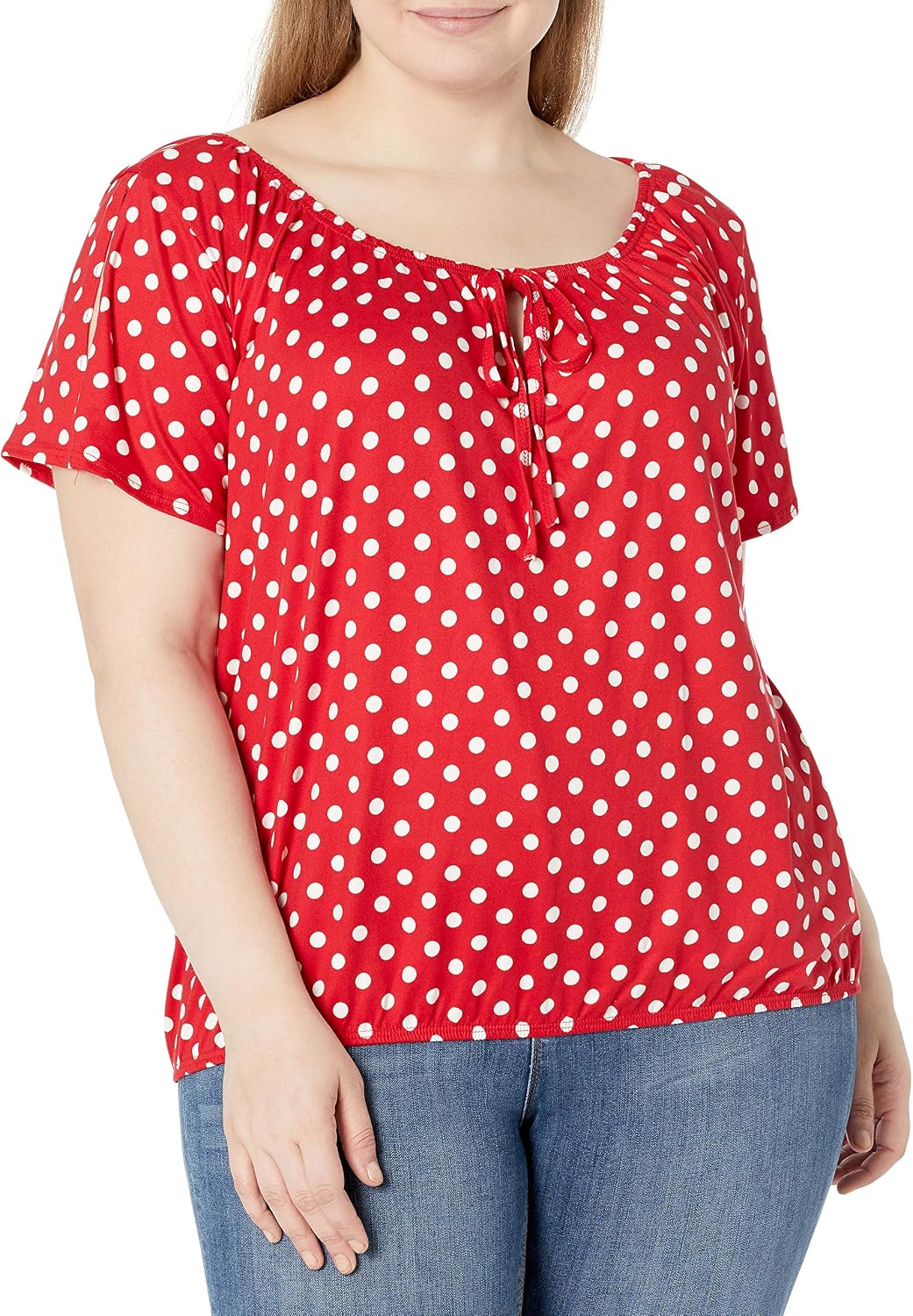 Star Vixen Women's Star Vixen Women's Petite Short/Slit Sleeve Keyhole-tie Peasant Top Bubble Hem