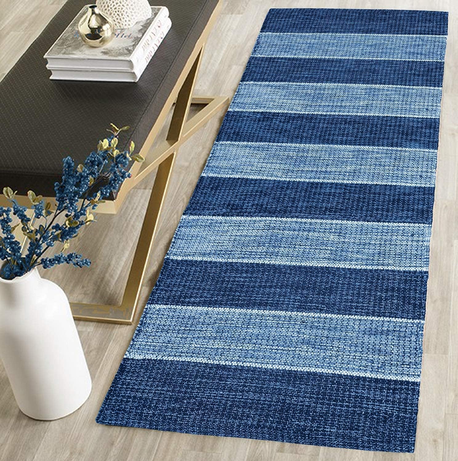 Reversible Cotton Rectangular Floor Mat Carpet Rug Runner Bedside Runner for Bedroom, Bathroom, Kitchen Yoga & Home Machine Washable - (Blue Mix, 2x5 Feet)