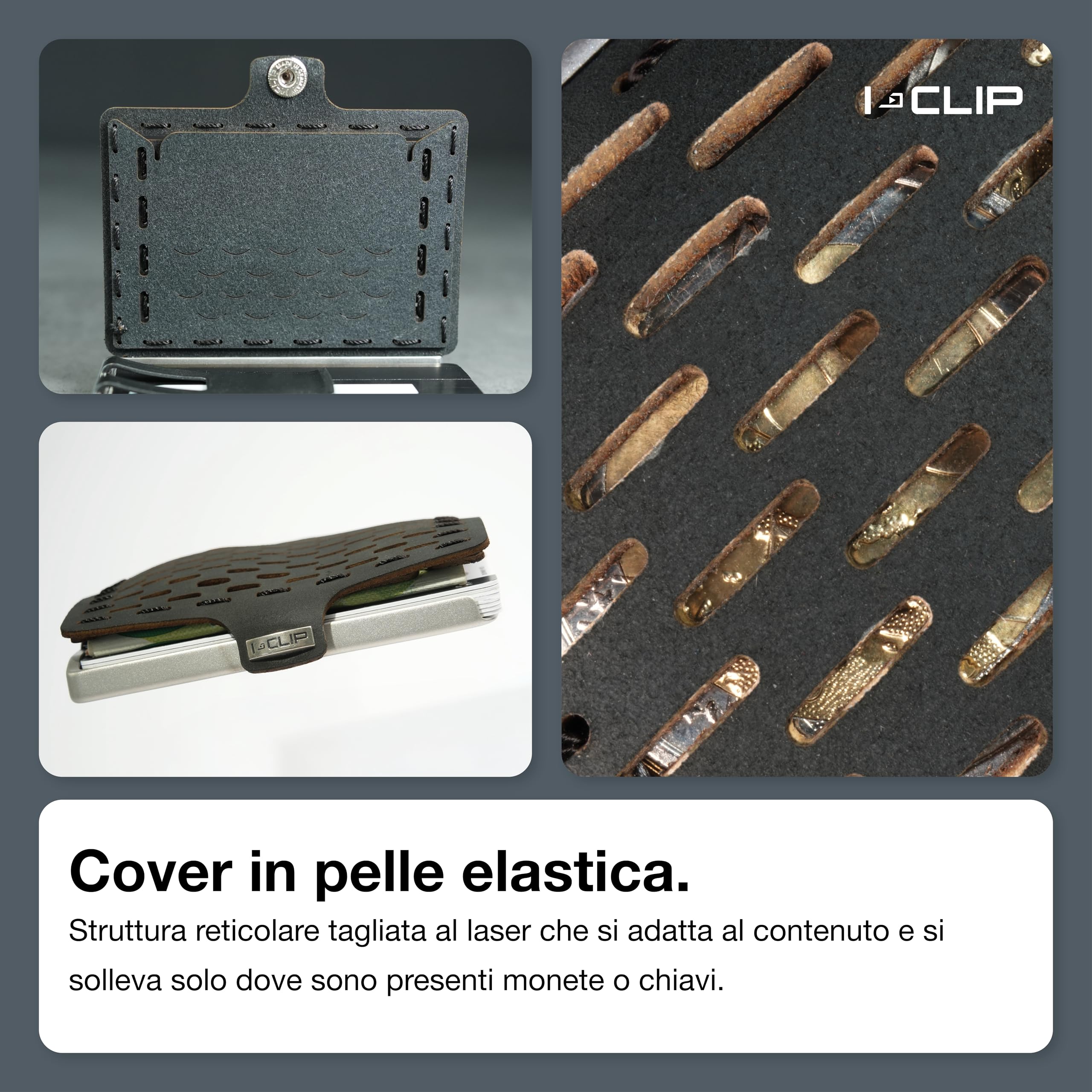 I-CLIP Steel Portafoglio Uomo Slim con Portamonete Banconote, Mini Wallet fino a 10 Carte, Pelle Nero, Telaio Acciaio Satinato