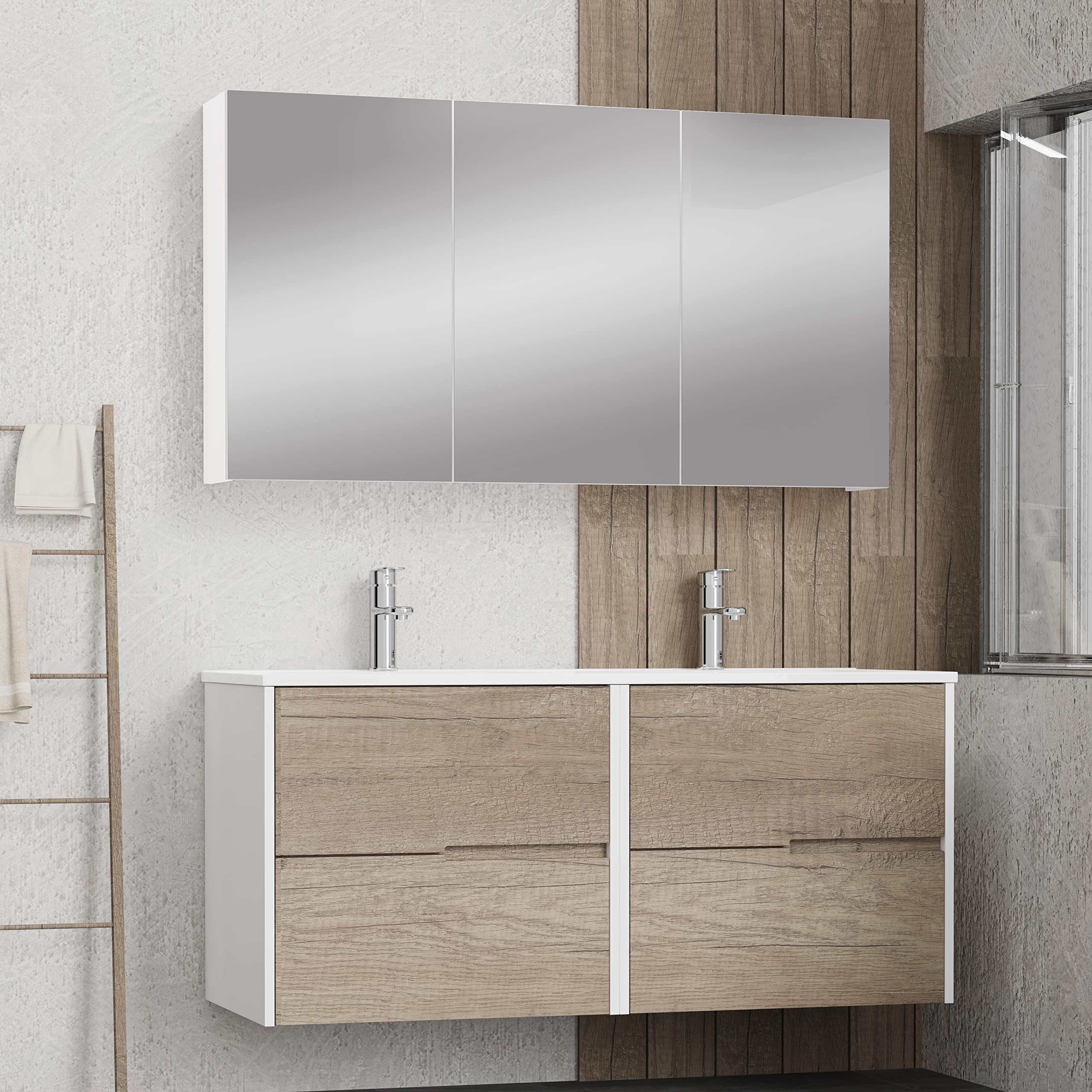 Baikal Mueble Camerino con Espejo, Armario Auxiliar de Baño Multiusos, Opción con o sin Luz LED. Mueble de Pared de fácil colocación. Armario MONTADO. Acabado Blanco. Camerino 120 cm
