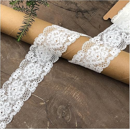 Miniatura 1 de Borde de encaje elástico blanco, 2.4 pulgadas (2.4 in) de ancho, cinta de encaje floral de 5 yardas para coser ropa, decoración de fiestas,