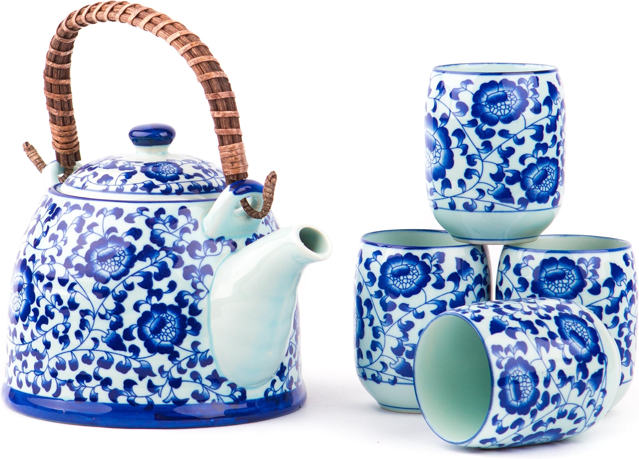 Japanese Peony Large 4 Teacups Kettle Tea Set by Tea of Joy - Flower Teaset for Women and Men - Perfect Patio Dining Room Dinnerware Teapot with Stainless Steel Infuser Strainer for Loose Leaf Brewing