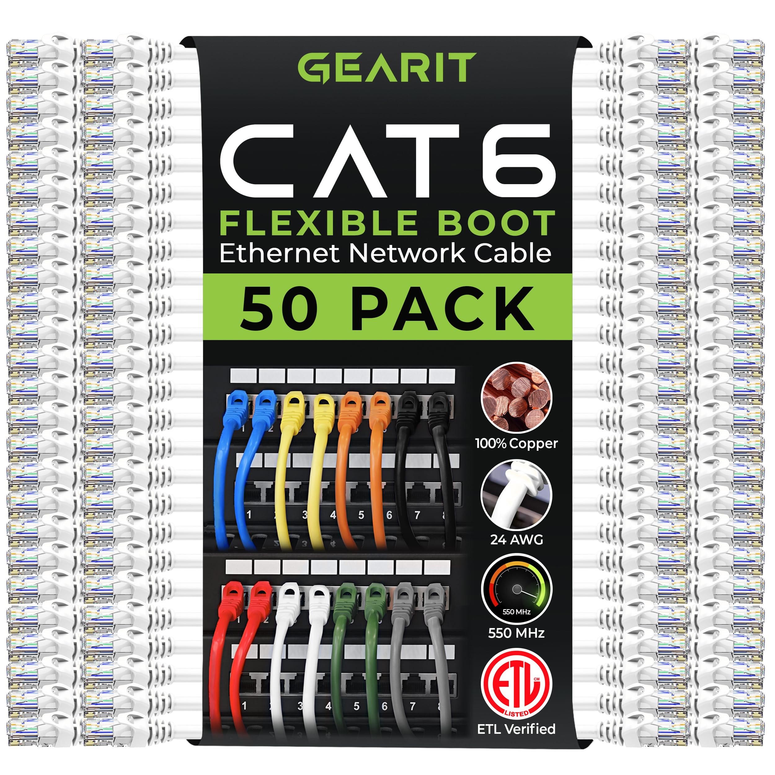 GEARit 50-Pack Cat6 Patch Cable 3 Feet Cat 6 Ethernet Cable Snagless Flexible Soft Tab - Premium Series - White