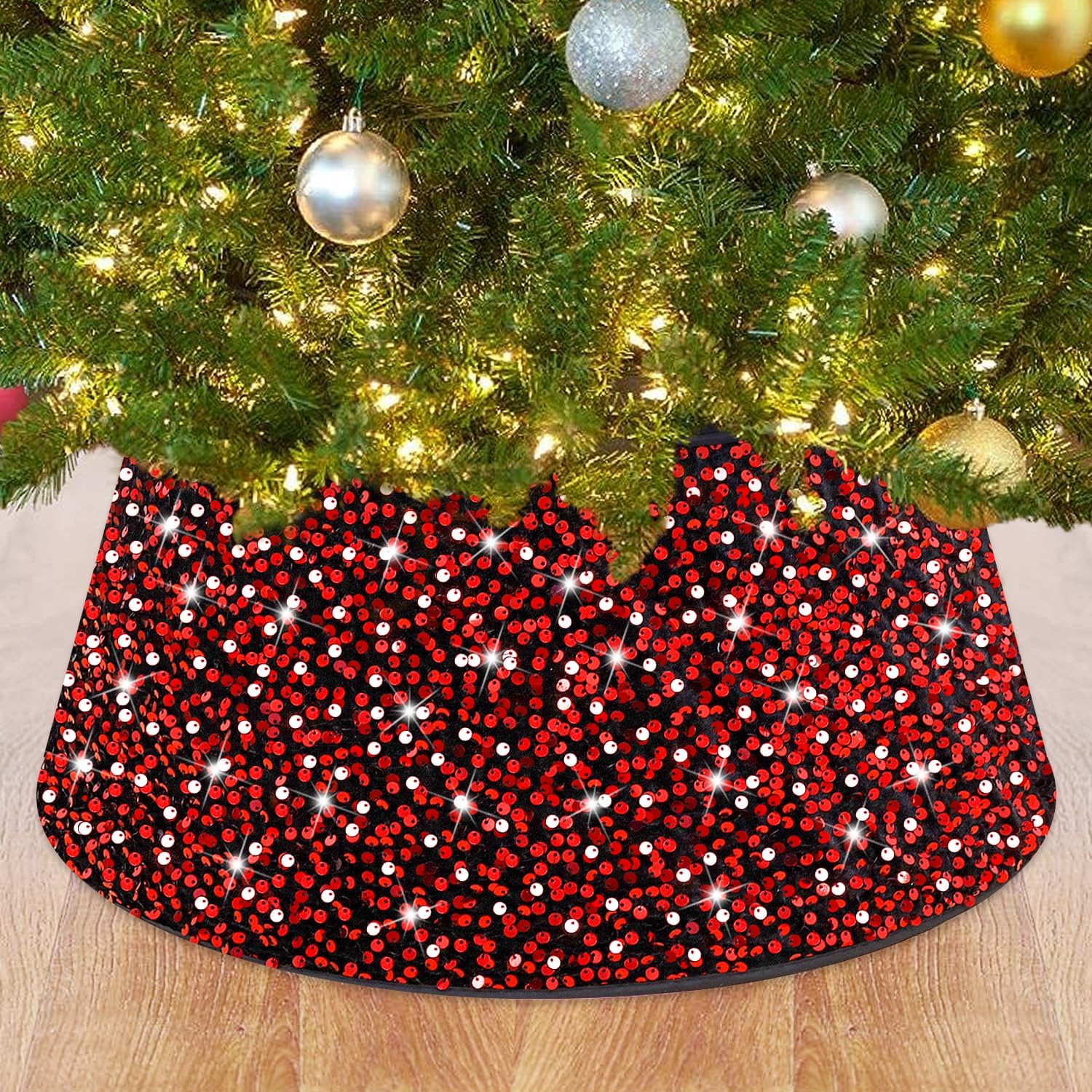 ROMANKAS Christmas Tree Collar Red and Black Glitter Xmas