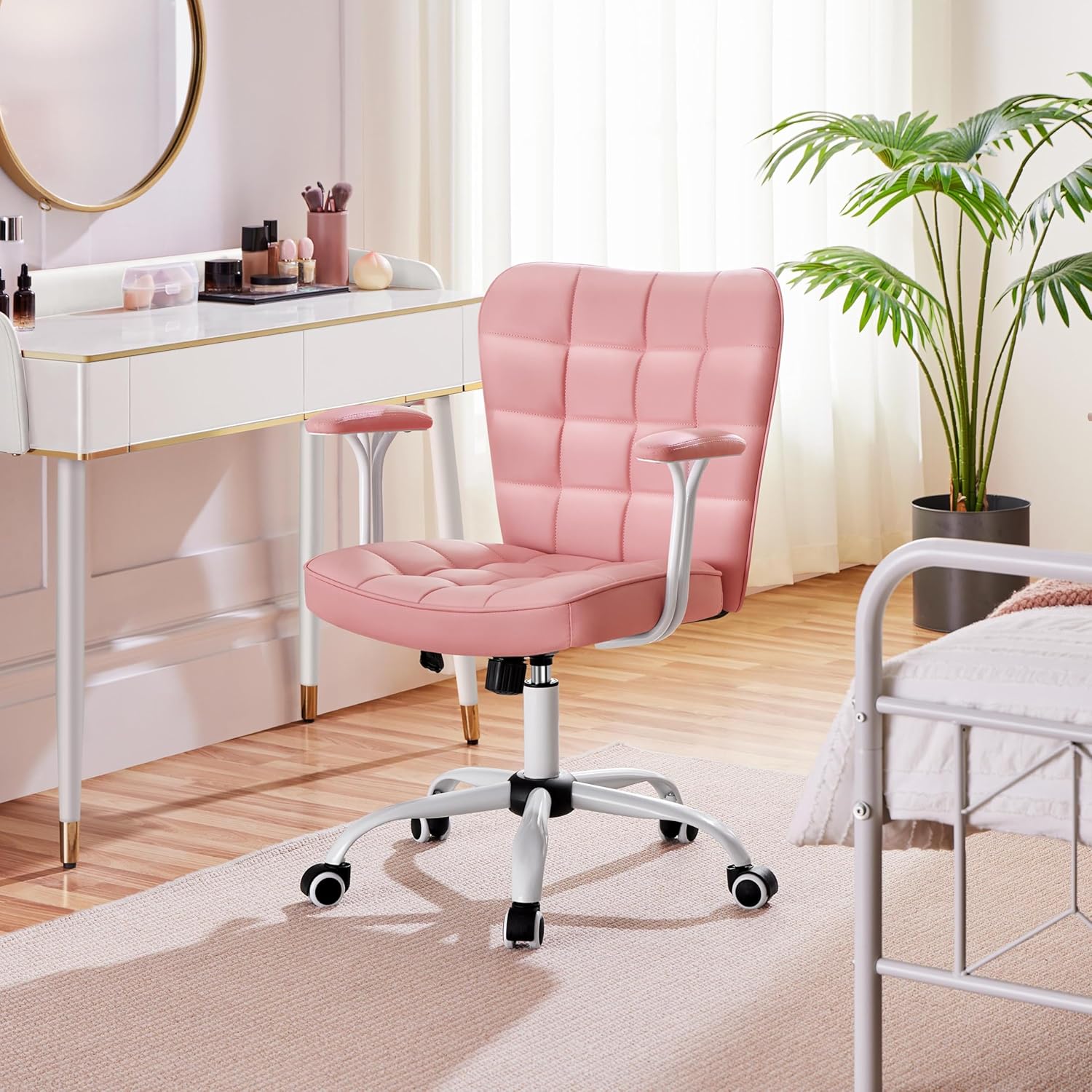 Yaheetech Mid Back Faux Leather Office Chair Modern Adjustable Tilting Vanity Chair with Detachable Padded Armrests for Home/Office,Pink