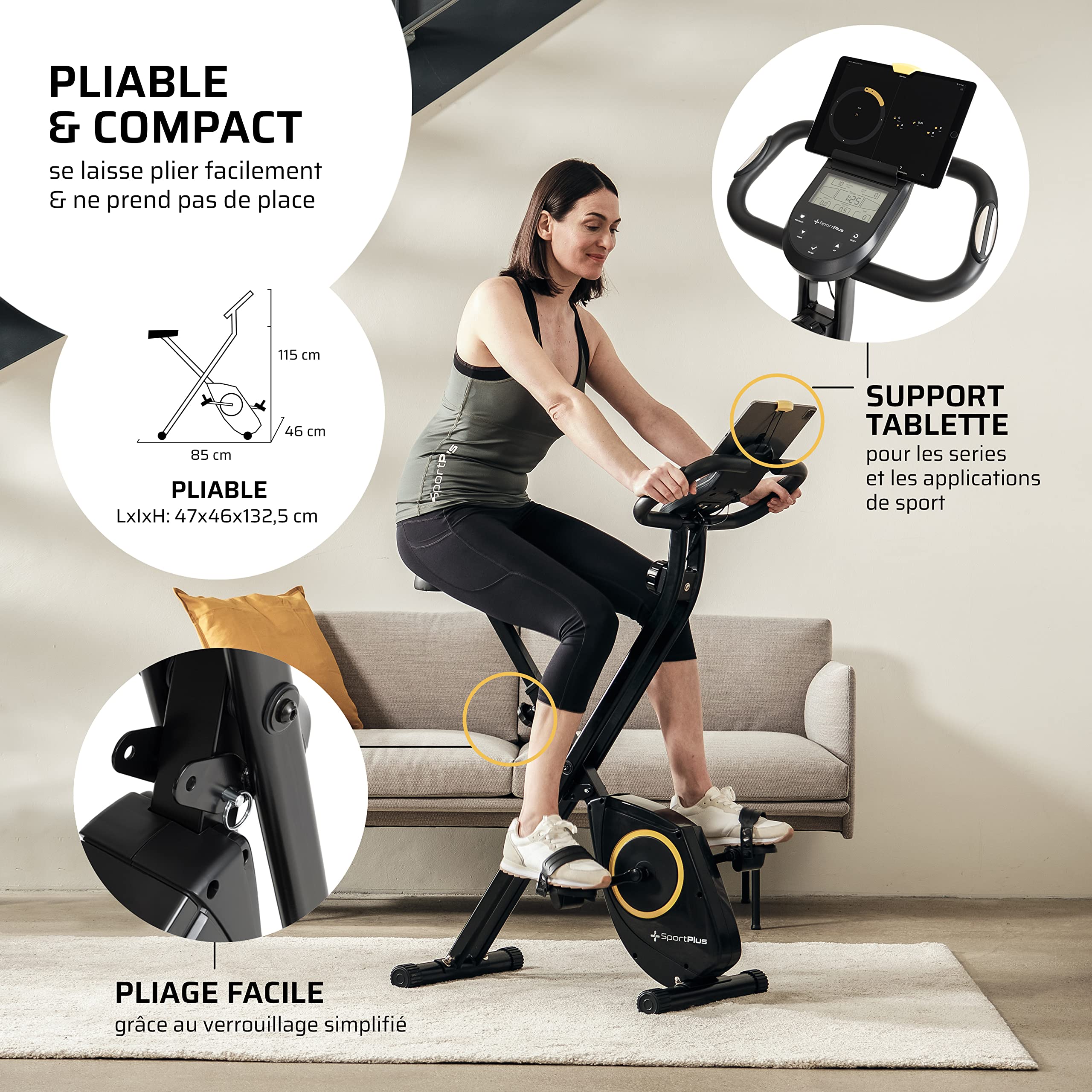 Vélo D'appartement Pliable SportPlus - 24 Niveaux De Résistance, Siège Avec Dossier - Pliable, Silencieux, Avec Support Tablette