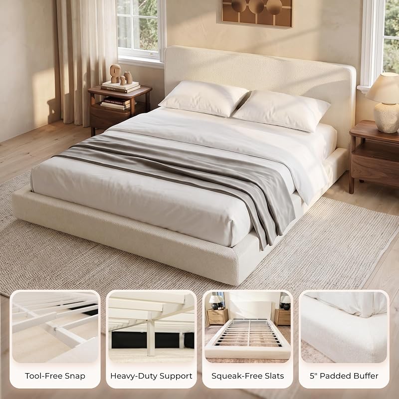 Queen Size Cloud Bed Frame, Upholstered Bed Frame Queen, White Platform Bed | 5" Thick Padded Headboard, Queen Bed Frame No Box Spring Needed, Cream image 3