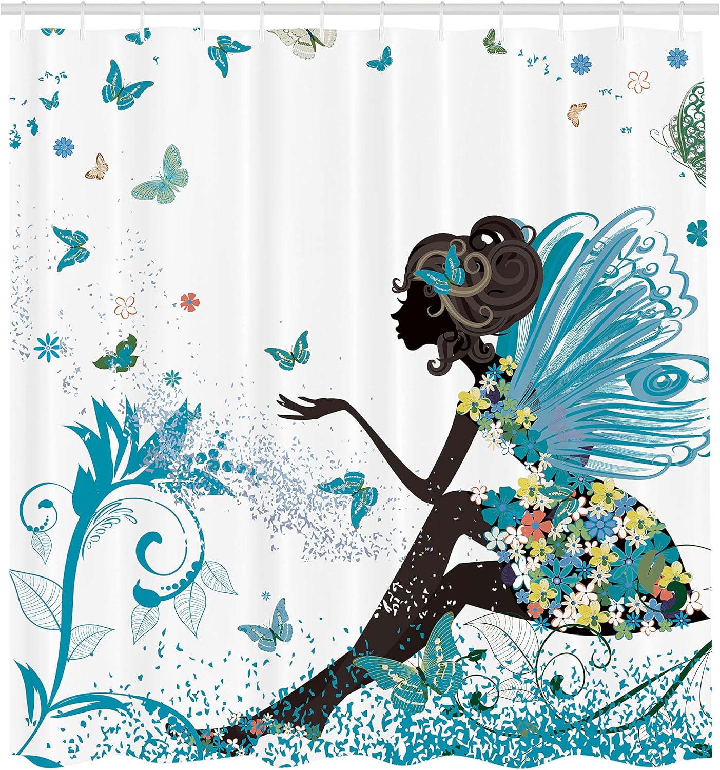 Ambesonne Fantasy Shower Curtain, Spring Girl Wings in a Floral Dress Surreal Garden Butterflies Print, Cloth Fabric Bathroom Decor Set with Hooks, 69" W x 84" L, Pastel Yellow