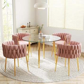 Gold Glass Round Dining Set for 4, 36 Modern Minimalist Luxury Circle Dinner Room Set, 5 Piece Clear Glass Circular Kitchen Table with Pink Woven Chair Set, for Small Apartment Home