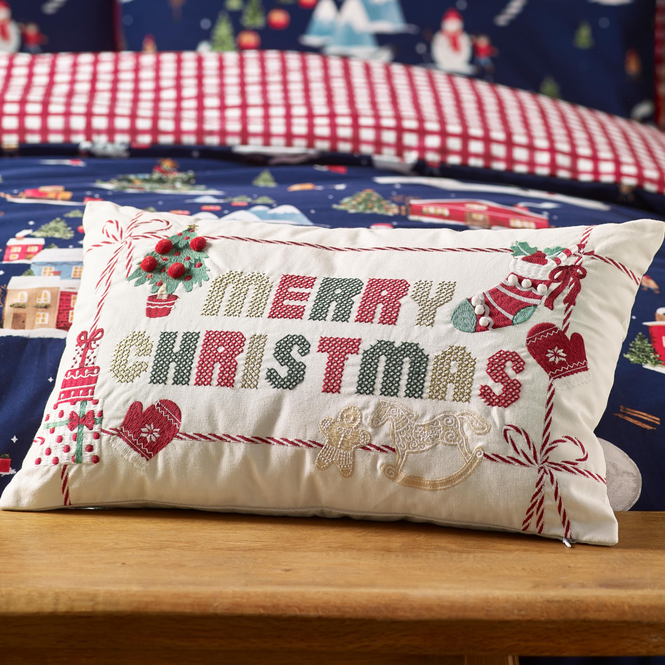 Catherine Lansfield  Merry Christmas Cross Stitch Cushion - Natural - 30x50cm