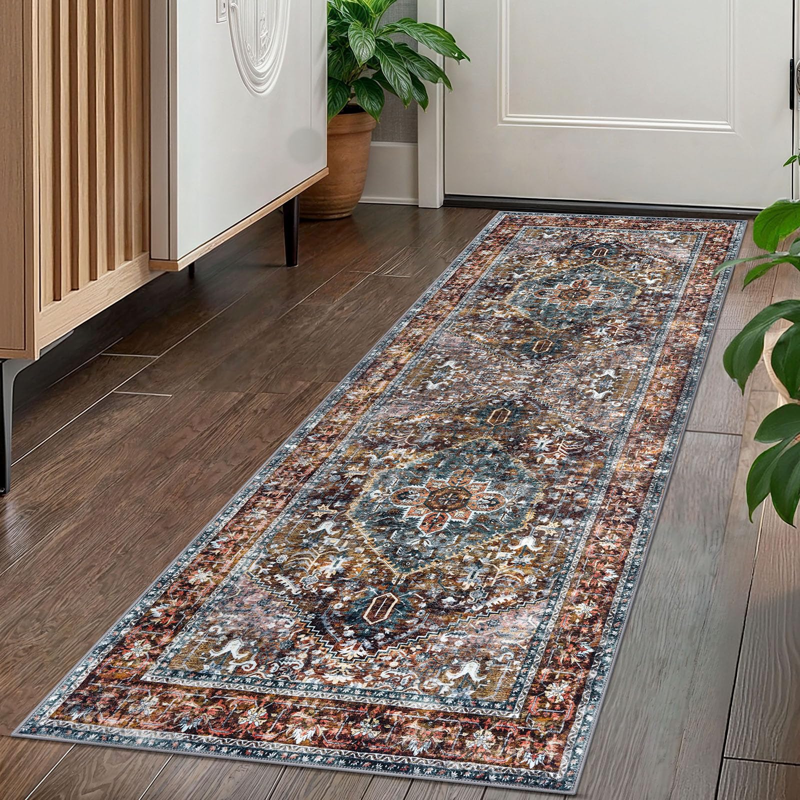 KOZYFLY Runners for Hallways 2x5 Ft Washable Kitchen Runner Rug Boho Runner Rug for Entryway Indoor Printed Oriental Faux Wool Floor Carpet Runner for Laundry Room Kitchen Hall, Brick Red/Orange/Green โ image 1
