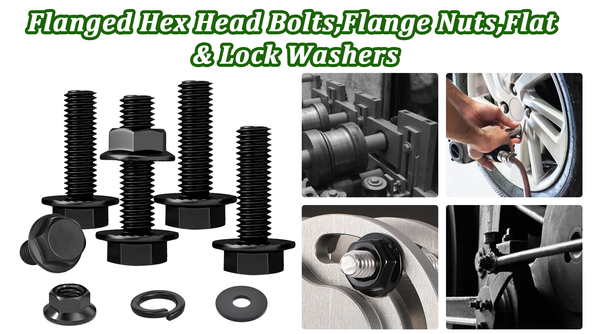 Image of 10 Sets M8-1.25 x 30mm Flanged Hex Head Bolts,Flange Nuts,Flat & Lock Washers,10.9 Black Zinc Plated,Full Thread,Alloy Steel