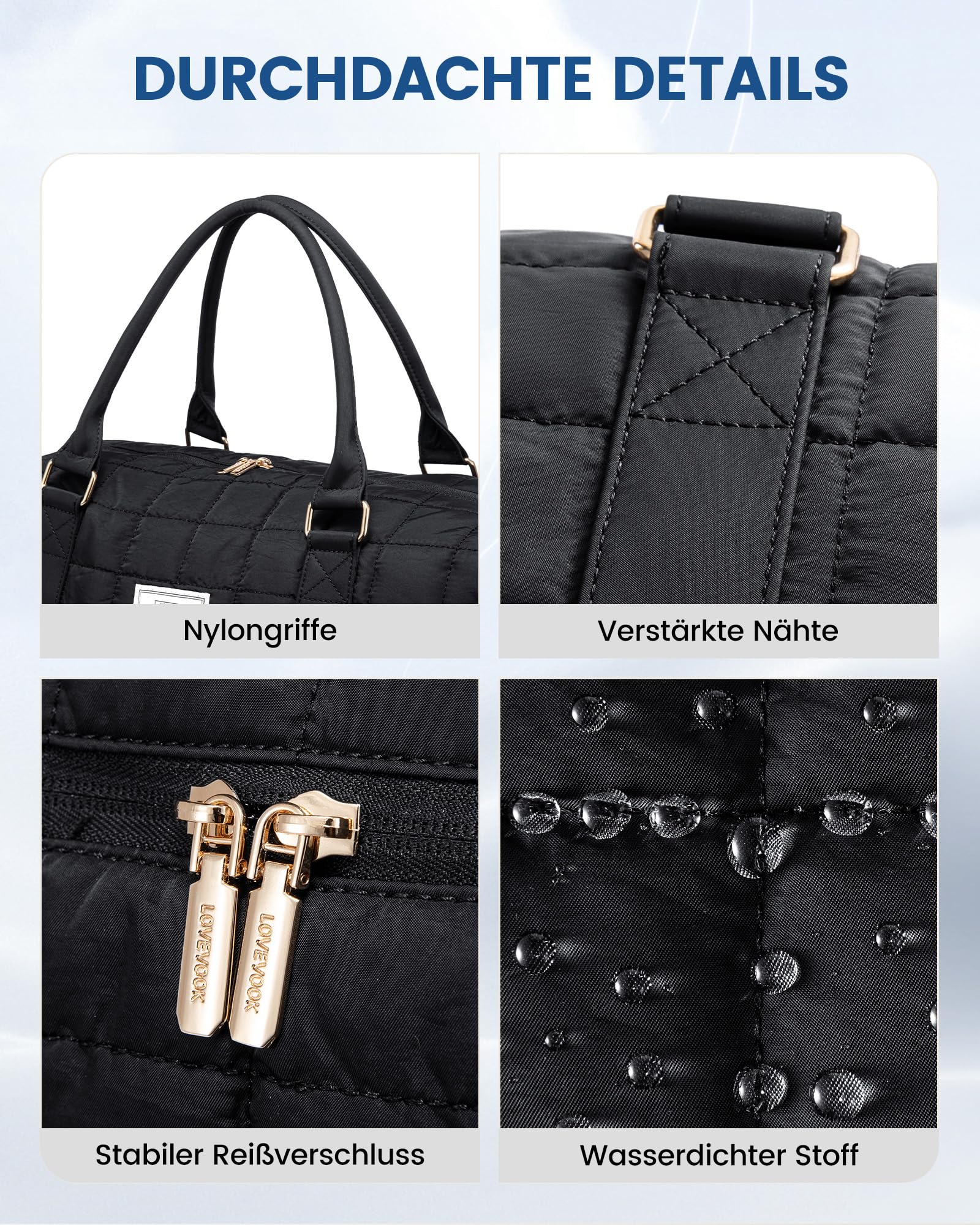 LOVEVOOK Reisetasche Damen Groß, Leicht Puffer Weekender Handgepäck Tasche Kliniktasche Geburt Krankenhaustasche mit Schuhfach & Nassfach, Travel Bag Sporttasche für Flugzeug Reise, Schwarz