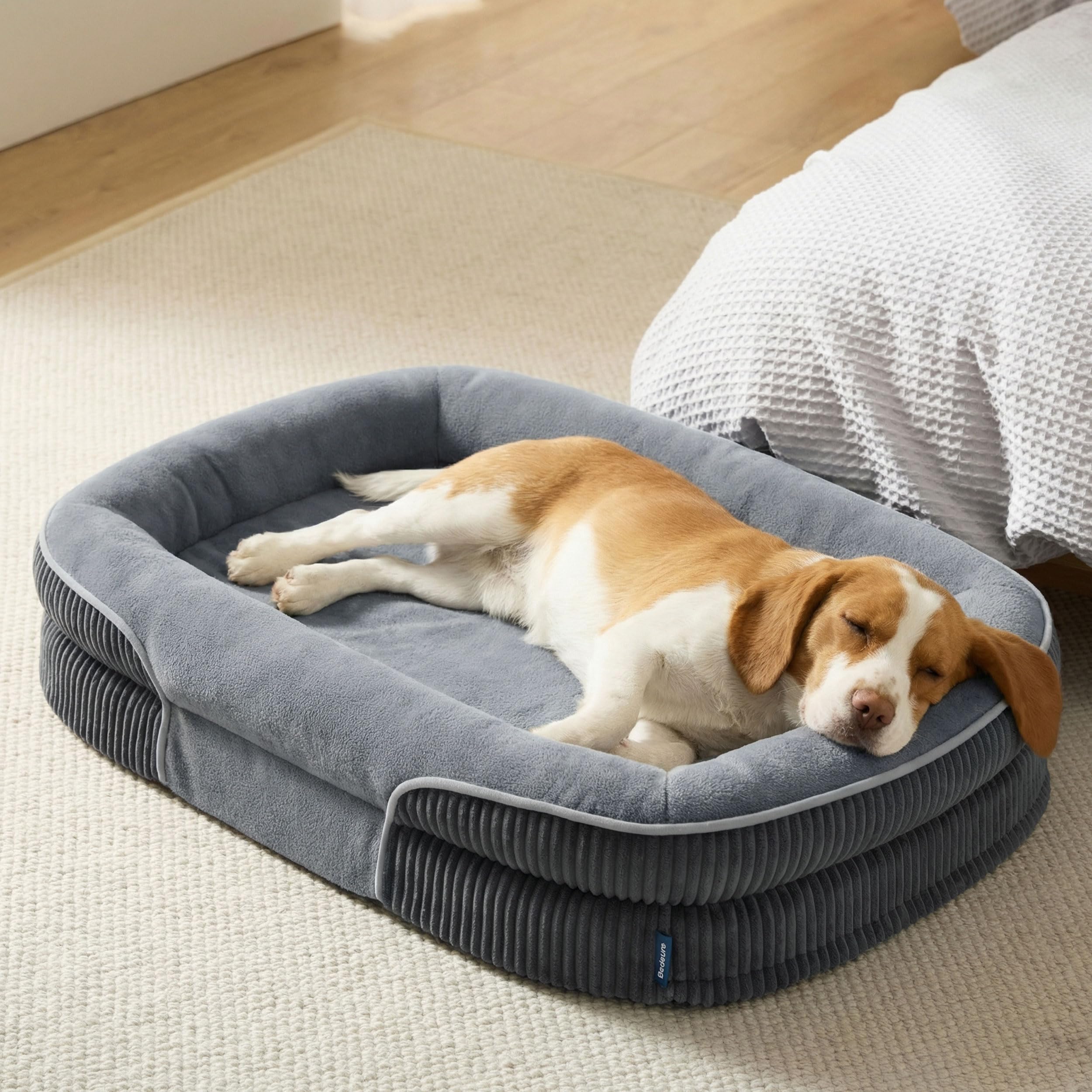 Bedsure Orthopedic Dog Beds Large Sized Dog - 360° Oval Bolster Large Dogs Bed for Senior Dogs with Waterproof Washable Cover, Big Comfort Pet Sofa Couch with Ultra-Soft Fleece, Grey, 35" - 2