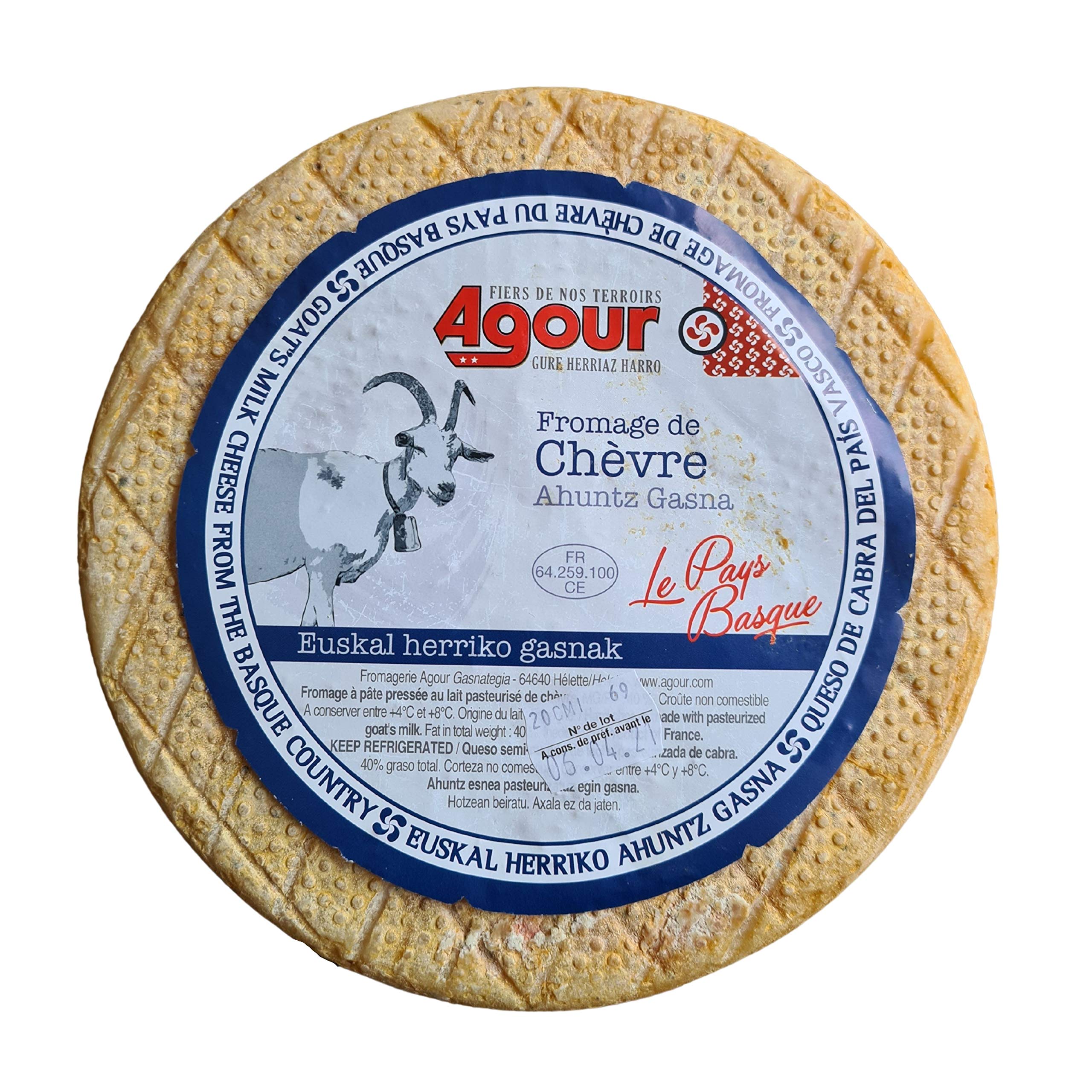 Queso de Cabra del País Vasco Frances - Peso Aproximado 3,1 Kilogramos - Elaborado por el respetado AGOUR, uno de los productores más laureados de todo el mundo en el World Cheese Awards