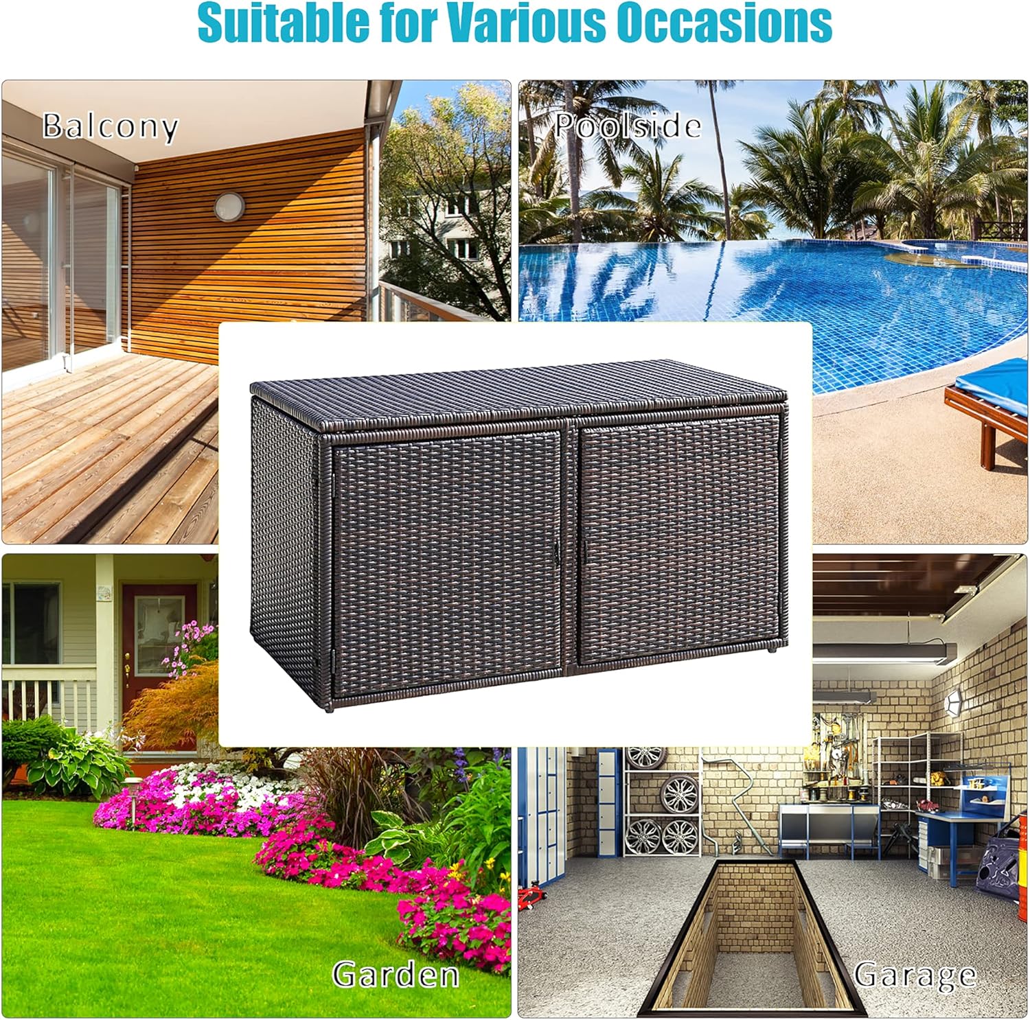 DORTALA 88 Gallon Deck Box Organizer, Wicker Large Indoor Outdoor Storage Container Cabinet for Patio Furniture Cushions Garden Tools, Brown