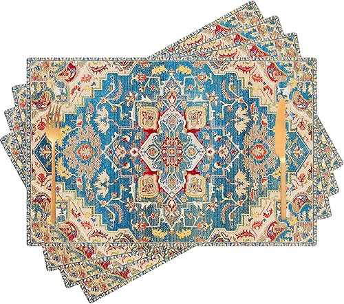 Juego de 4 manteles individuales bohemios coloridos para interiores, de lino étnico azul y rojo, lavables, resistentes al calor, para mesas de
