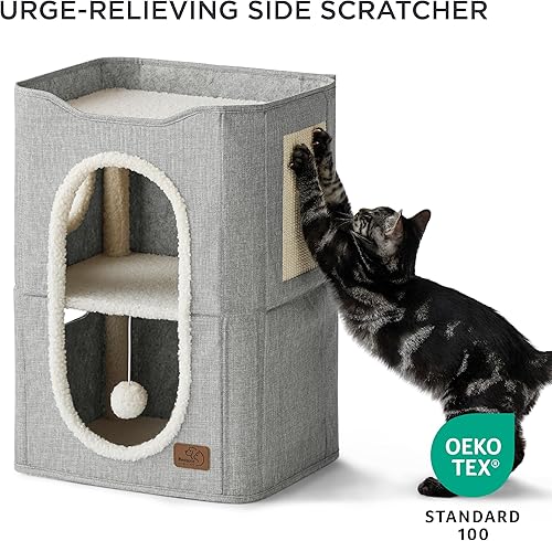 Miniatura 2 de Bedsure Casa para gatos de 2 pisos, condominios para gatos de interior con almohadilla para rascar y colgar bolas esponjosas, muebles pequeños